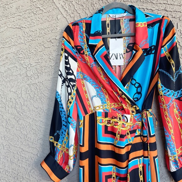 ZARA NWT BLOGGER FAVE Blue & Orange Chain Print Scarf Midi Shirt Dress Sz S - Picture 3 of 13
